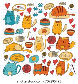 Cute doodle cats, kitty Domestic cats Vector sets with cute kittens for pet shop, cattery, veterinary clinic Doodle pattern for banner, poster, textile Children kids drawing for kindergarten