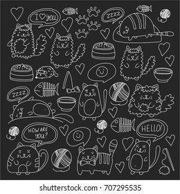 Cute doodle cats, kitty Domestic cats Vector sets with cute kittens for pet shop, cattery, veterinary clinic Doodle pattern for banner, poster, textile Children kids drawing for kindergarten