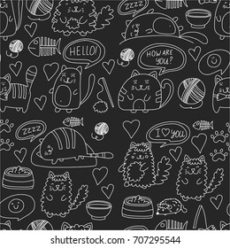 Cute doodle cats, kitty Domestic cats Vector sets with cute kittens for pet shop, cattery, veterinary clinic Seamless pattern for banner, poster, textile Children kids drawing for kindergarten