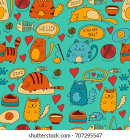Cute doodle cats, kitty Domestic cats Vector sets with cute kittens for pet shop, cattery, veterinary clinic Seamless pattern for banner, poster, textile Children kids drawing for kindergarten