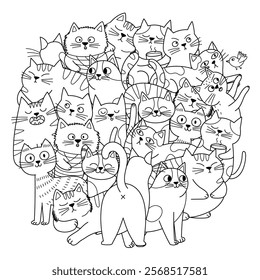 Cute doodle cats mandala for coloring. Funny feline characters in different poses for coloring book. Outline circle shape pattern. Vector illustration