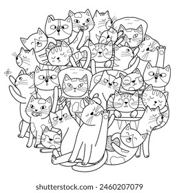 Cute doodle cats mandala for kids. Funny feline character circle shape coloring page. Outline background. Vector illustration