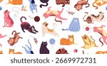 Cute doodle cats seamless pattern. Cats in various poses with toys, pet shop vet clinic print vector