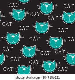 Cute doodle cats seamless pattern. Child drawing style. Design element for textile print and fun greeting cards.