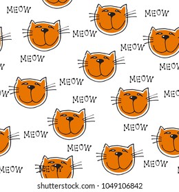 Cute doodle cats seamless pattern. Child drawing style. Design element for textile print and fun greeting cards.