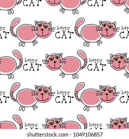 Cute doodle cats seamless pattern. Child drawing style. Design element for textile print and fun greeting cards.