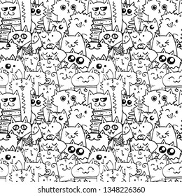 Cute doodle cats seamless pattern. Great for coloring book, wrapping, printing, fabric and textile. Vector illustration