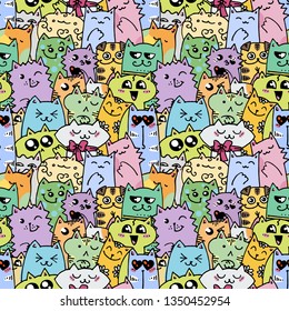 Cute doodle cats seamless pattern. Great for coloring book, wrapping, printing, fabric and textile. Vector illustration