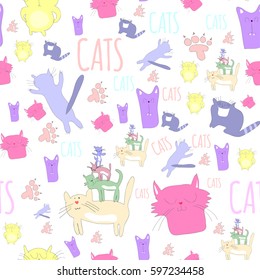 Cute doodle cats seamless pattern
