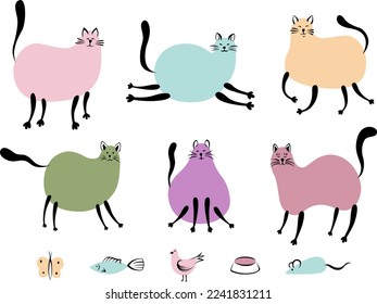 Cute doodle cats set. Cat illustration. Hand drawn set domestic pets collection. Kitten design collection in different poses.