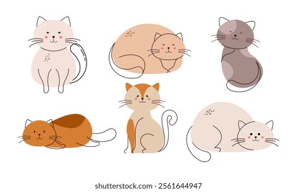 Cute Doodle Cats. Set of Doodle Cat, Funny Pet, Happy Kitten in Different Poses Hand Drawn Cartoon Isolated on White Background