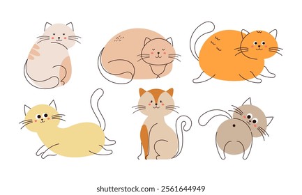 Cute Doodle Cats. Set of Doodle Cat, Funny Pet, Happy Kitten in Different Poses Hand Drawn Cartoon Isolated on White Background