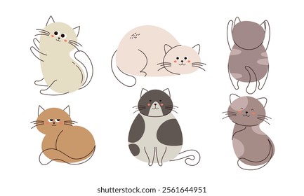 Cute Doodle Cats. Set of Doodle Cat, Funny Pet, Happy Kitten in Different Poses Hand Drawn Cartoon Isolated on White Background