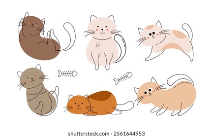 Cute Doodle Cats. Set of Doodle Cat, Funny Pet, Happy Kitten in Different Poses Hand Drawn Cartoon Isolated on White Background