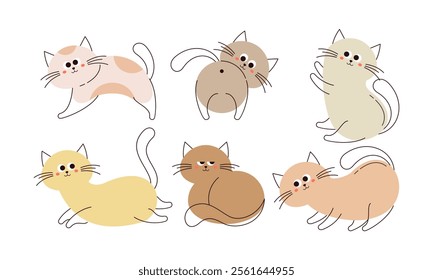 Cute Doodle Cats. Set of Doodle Cat, Funny Pet, Happy Kitten in Different Poses Hand Drawn Cartoon Isolated on White Background