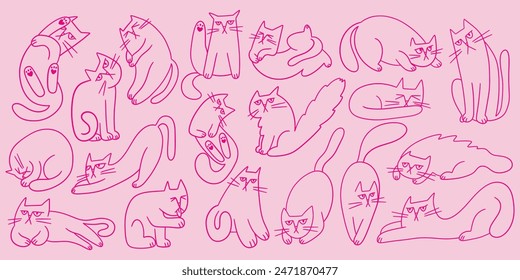 Cute doodle cats set. Collection of fluffy hand drawn kittens playing, sleeping, hiding. Playful funny cat characters for graphic prints.