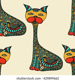 Cute doodle cats. Vector seamless pattern with hand drawn doodle cats. Colorful cats with floral ornament. Fun background for children. Bright colors.
