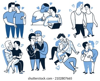 Cute doodle character design homosexual gay couple lovers in love  having romantic moment together  Diverse  multiracial  mixed culture  Outline  linear  hand drawn sketch 