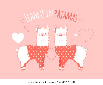 Cute doodle character llamas sticker in trendy living coral colour happy,smiling,naughty,laughing pink mascots. Adorable charming lama animals in pajamas