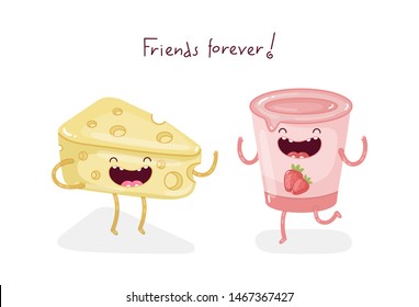 Cute doodle character piece of yellow cheese and strawberry yogurt are the best friends forever.  Isolated vector illustration