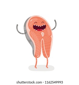 Cute doodle character salmon steak on a white background. Isolated vector illustration
