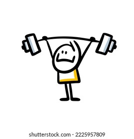 Cute doodle character sportsman  lifting weights. Vector illustration of hand drawn athlete with happy face.