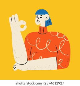 Cute doodle character vector illustration of young woman with Ok gesture. Hand drawn sketch, doodle style for the patches, stickers, labels, tags, stamps