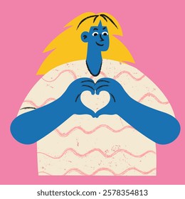 Cute doodle character vector illustration of young woman with love heart hand gesture. Hand drawn sketch, doodle retro style for the patches, stickers, labels, tags, stamps