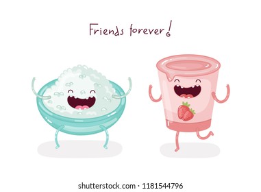 Cute doodle characters bowl of cottage cheese and strawberry yogurt are the best friends forever. Isolated vector illustration