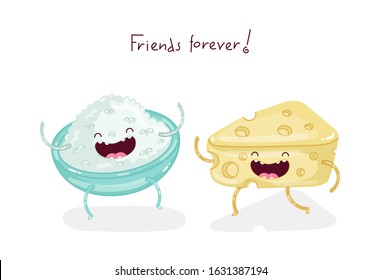 Cute doodle characters bowl of cottage cheese and slab of cheese are the best friends forever. Isolated vector illustration