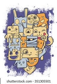 Cute doodle characters on grunge background, vector illustration