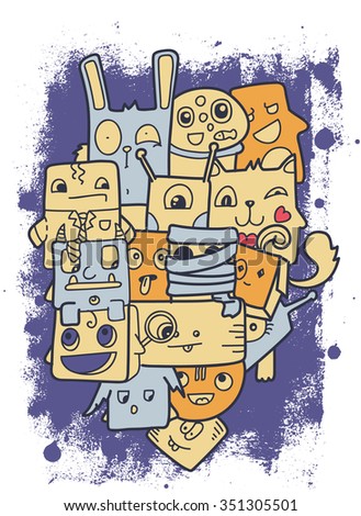 Cute doodle characters on grunge background, vector illustration