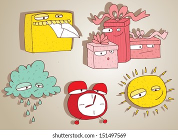 Cute Doodle Characters Set for children: mailbox, gift, cloud, clock, sun. Illustration is hand drawn, with shadows, elements are isolated and in eps10 vector mode!