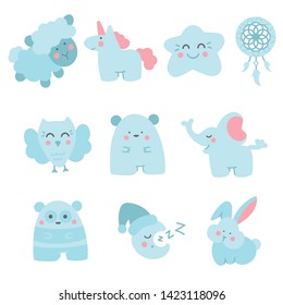 Cute doodle characters set: sheep, unicorn, star, dreamcatcher, owl, bear, panda, elephant, moon and bunny. White background. Doodle style illustration. Vector.