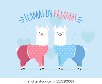 Cute doodle characters-2 happy smiling naughty llamas in pajamas on hearts sky blue background.Color adorable charming lama animals with text Llamas in Pajamas