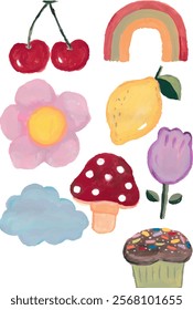 Cute doodle cherry, rainbow, flower, lemon, cloud, mushroom, tulips, cupcakes hand drawn watercolor