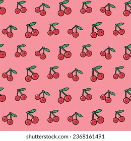 cute doodle Cherry vector pattern on pink background For print, wrapping paper, packaging, web, fabric, textile, fruit shops
