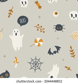 Cute doodle childish halloween pattern with ghost, cat, spider, bat, scull, sweets. Seamless texture for textile, fabric, apparel, wrapping, paper, stationery.