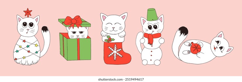 Cute doodle childish style kittens set. Collection of cats for christmas and new year 