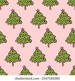 Cute doodle childish tree background. Pastel Christmas pattern. Pastel Christmas tree. Pink Christmas tree winter seamless pattern. Vector winter forest. Pastel Christmas illustration.