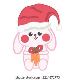 Cute doodle Christmas baby bunny vector isolated illustration. New Year rabbit. Nursery print. For postcards, stickers, greeting and invitations, holiday decorations.