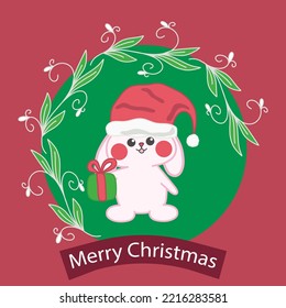 Cute doodle Christmas baby bunny vector isolated illustration. New Year rabbit. Nursery print. For postcards, greeting and invitations, holiday decorations.