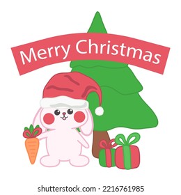 Cute doodle Christmas baby bunny vector isolated illustration. New Year rabbit. Nursery print. For postcards, stickers, greeting and invitations, holiday decorations.