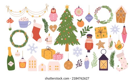 Cute doodle christmas decorations, nutcracker toy, sweets and xmas tree. Festive wreath with berry, celebrations vintage decor. Racy new year vector collection