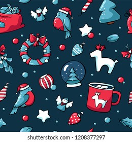 Cute doodle christmas elements like bullfinch, christmas toys, hot chocolate, christmas wreath. Vector hand drawn seamless pattern. Design for printed, fabric, wrapping and cards.