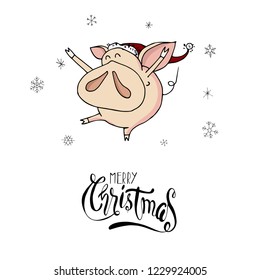 Cute doodle christmas happy piggy in santa hat. Symbol of 2019 year. Winter holidays. Christmas and new year calligraphy. Hand written modern brush lettering. Hand drawn design elements. Festive card.