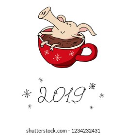 Cute doodle christmas happy piggy in hot cacao. Symbol of 2019 year. Winter holidays. Christmas and new year calligraphy. Hand written modern brush lettering. Hand drawn design elements. Festive card.