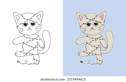 Cute doodle Christmas Kitten line art coloring page. Childish style outline and cartoon cat for kids color book. Adorable before and after sketch illustration