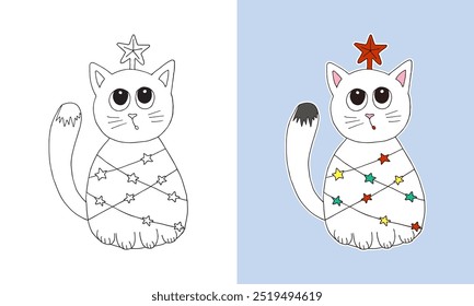 Cute doodle Christmas Kitten line art coloring page. Childish style outline and cartoon cat for kids color book. Adorable before and after sketch illustration