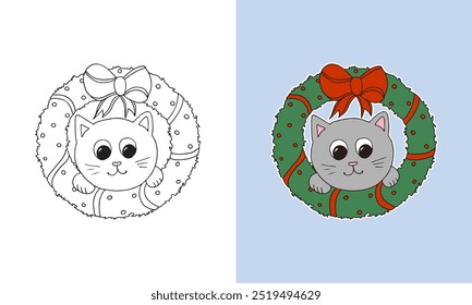 Cute doodle Christmas Kitten line art coloring page. Childish style outline and cartoon cat for kids color book. Adorable before and after sketch illustration
